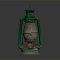 Rustic Vintage Lighting Combination Featuring Green And Beige Old Fashioned Kerosene Lamp With Rusty Accents