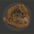 Rocky Terrain Scene Setup With Wooden Platforms Mechanical Structure And Stacked Planks
