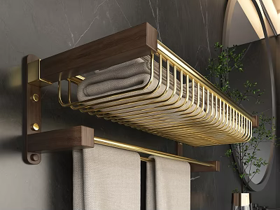Wall Mounted Bathroom Shelf with Wooden and Golden Metal Frame for Towel Storage 3d model