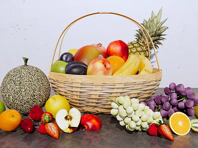 Assorted Fresh Fruits In Wicker Basket With Pineapple Apple Banana Cantaloupe Grapes And Strawberries 3d model
