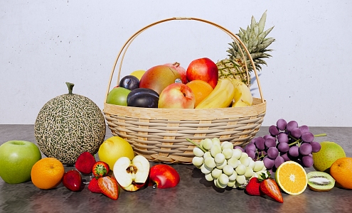 fruit basket hami melon apple orange pineapple mango grape strawberry pear fruit combination bamboo basket 3d model