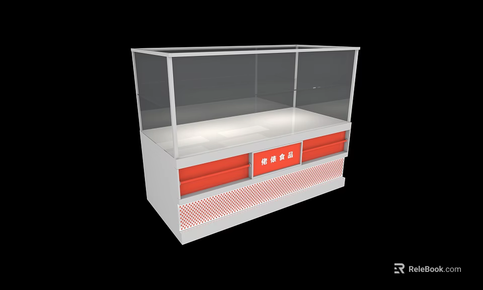 Display Cabinet Shelf with Transparent Glass Cover White Body Red Drawers and Red Striped Design 3d model 