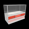 Display Cabinet Shelf with Transparent Glass Cover White Body Red Drawers and Red Striped Design