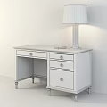 Wooden Office Desk With Drawers Table Lamp And Books On Tabletop
