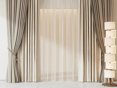 Beige Textured Curtains With Sheer Voile Panels For Bright Modern Room Windows 3d model