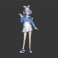 3D Game Character With Bunny Ears Light Blue Hair Denim Jacket White Dress And Blue Sneakers