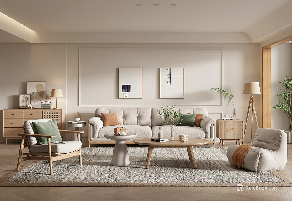 Modern Living Room Interior With Light Sofa Coffee Table Armchair Area Rug And Wall Art 3d model 