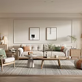 Modern Living Room Interior With Light Sofa Coffee Table Armchair Area Rug And Wall Art