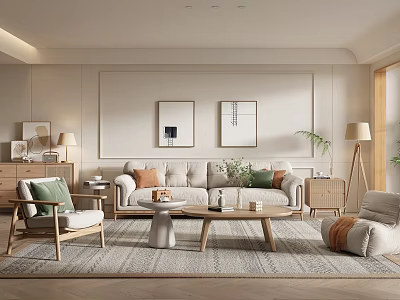 Modern Living Room Interior With Light Sofa Coffee Table Armchair Area Rug And Wall Art 3d model