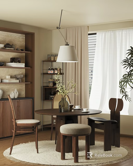 Warm Restaurant Interior With Wooden Table Vase Flowers Cups Pendant Lamp Curtains And Green Plant 3d model 
