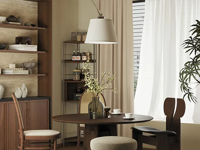 Warm Restaurant Interior With Wooden Table Vase Flowers Cups Pendant Lamp Curtains And Green Plant 3d model