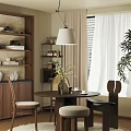 Warm Restaurant Interior With Wooden Table Vase Flowers Cups Pendant Lamp Curtains And Green Plant
