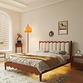 Double Bed Wooden Headboard White Upholstery Brown Bedding Floor Lamp Wall Art
