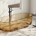 Amber Transparent Oval Bathtub With Black Faucet On Marble Floor Near Side Table