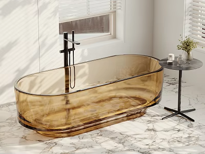 Amber Transparent Oval Bathtub With Black Faucet On Marble Floor Near Side Table 3d model