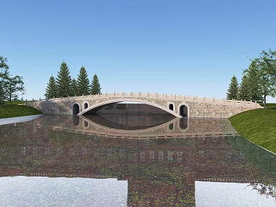 Arched Stone Bridge Over Calm River With Green Trees Blue Sky And Reflection 3d model