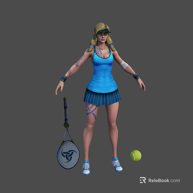 Female Character in Blue Outfit with Tattoos and Sunglasses Holding Tennis Racket and Ball 3d model 