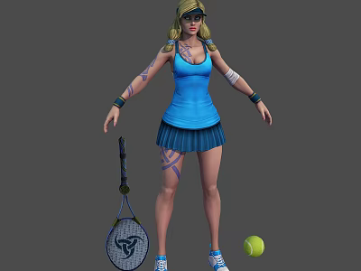 Female Character in Blue Outfit with Tattoos and Sunglasses Holding Tennis Racket and Ball 3d model