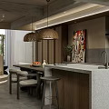 Modern Restaurant Interior With Rattan Pendant Lights Open Kitchen Marble Island And Green Plants