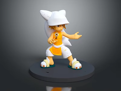 Cartoon Game Movie Character 3D Model With White Hat Yellow Top Outstretched Hand Gray Base 3d model
