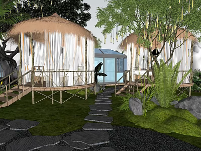 Tranquil Garden Landscape Featuring Thatched Pavilions White Curtains Bamboo Walkway Stone Path And Greenery 3d model