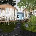 Tranquil Garden Landscape Featuring Thatched Pavilions White Curtains Bamboo Walkway Stone Path And Greenery