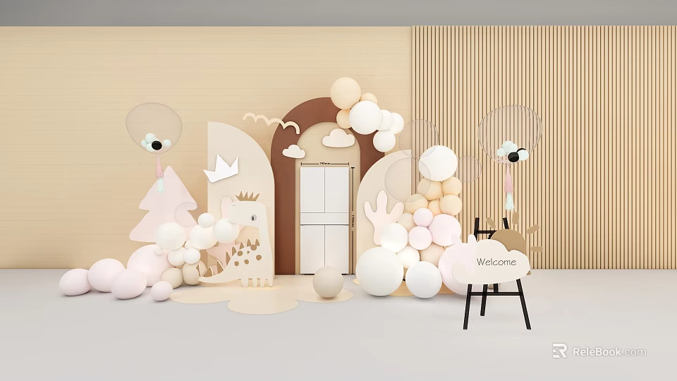 Live Stream Room Decorative Setup With Soft Tones Balloons And Welcome Sign 3d model 