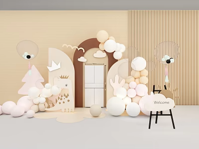 Live Stream Room Decorative Setup With Soft Tones Balloons And Welcome Sign 3d model