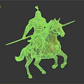 Ancient Armored Warrior Riding Brown Running Horse With Spear And Red Plume Helmet