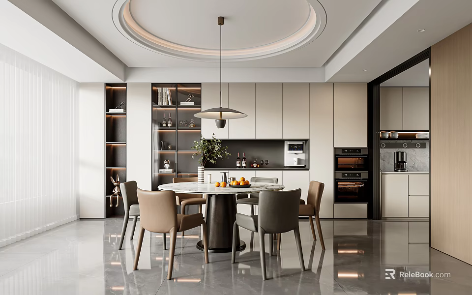 Modern Restaurant Interior With Round Dining Table Chairs Pendant Light And Storage Cabinets 3d model