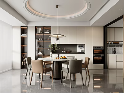 Modern Restaurant Interior With Round Dining Table Chairs Pendant Light And Storage Cabinets 3d model