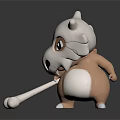 Cute Cartoon Creature Character With White Head Brown Body Holding Bone