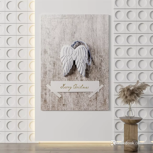 Wooden Wall Art With White Angel Wings And Merry Christmas Sign On Circular Patterned Wall 3d model 