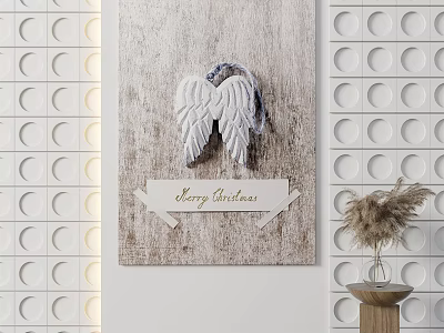 Wooden Wall Art With White Angel Wings And Merry Christmas Sign On Circular Patterned Wall 3d model