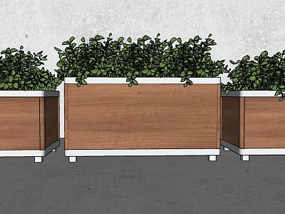 Outdoor Wooden Flower Planters With White Base And Lush Green Plants 3d model