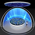 Art Installation with Starry Sky Blue Light Background Circular Platform City Model and Professional Woman
