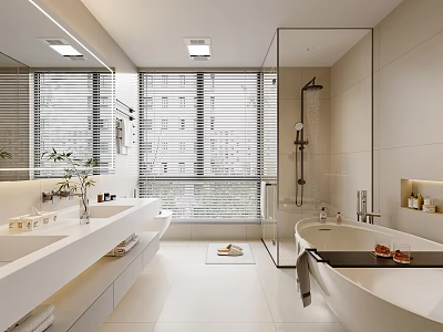 Modern Bathroom Interior With Double Vanity Sinks Large Mirror Glass Shower And Freestanding Bathtub 3d model