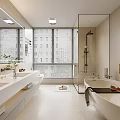 Modern Bathroom Interior With Double Vanity Sinks Large Mirror Glass Shower And Freestanding Bathtub