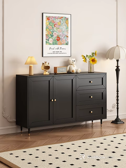 Modern Black Entryway Console Cabinet with Golden Handles Doors Drawers Table Lamp Sunflowers Teddy Bear 3d model 