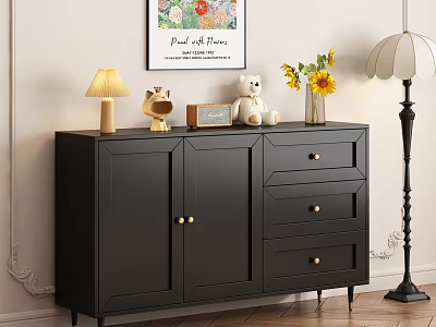 Modern Black Entryway Console Cabinet with Golden Handles Doors Drawers Table Lamp Sunflowers Teddy Bear 3d model