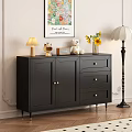 Modern Black Entryway Console Cabinet with Golden Handles Doors Drawers Table Lamp Sunflowers Teddy Bear