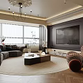 Luxurious Modern Living Dining Room Interior With Dark Sofa Marble Coffee Table Chandelier And Plants
