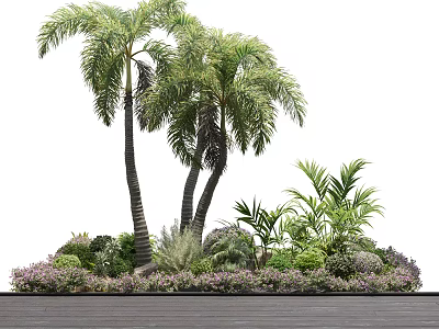 Tall Palm Trees With Lush Foliage Surrounding Low Shrubs Purple Flowers And Dark Ground 3d model