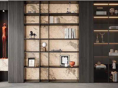 Bookcase with marble backdrop multiple shelves stylish books sculptures photo frames and vases 3d model
