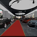 Car Dealership Showroom Interior With Cars On Display Red Carpet Ceiling Lights And Wall Posters