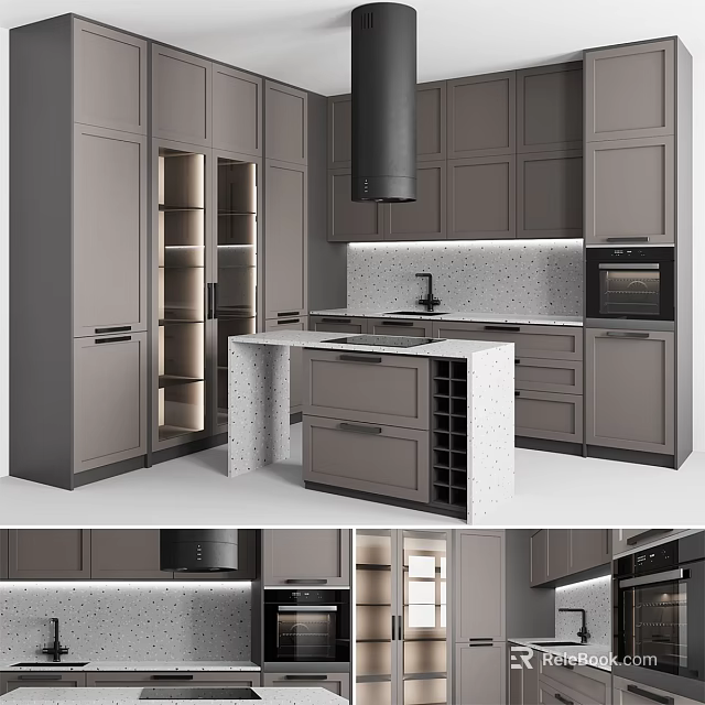 Modern Kitchen With Tall Grey Cabinets Island Counter And Appliances 3d model 