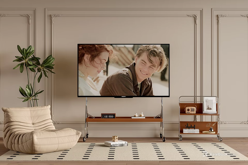 Wall Mounted Television Displaying Movie Scene in Modern Living Room with Sofa and Green Plant 3d model 