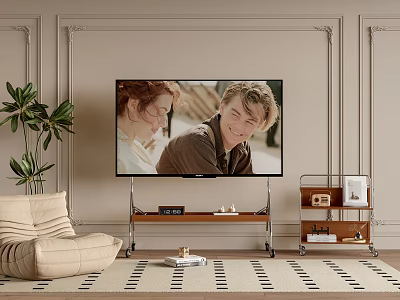 Wall Mounted Television Displaying Movie Scene in Modern Living Room with Sofa and Green Plant 3d model