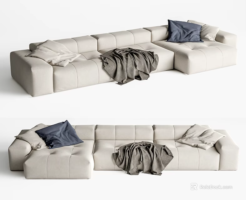 Stylish Light Beige Sectional Sofa With Blue Beige Pillows And Gray Throw Blanket 3d model