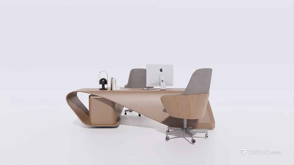 Modern Office Desk With Ergonomic Chair Computer Monitor And Sleek Curved Design 3d model 
